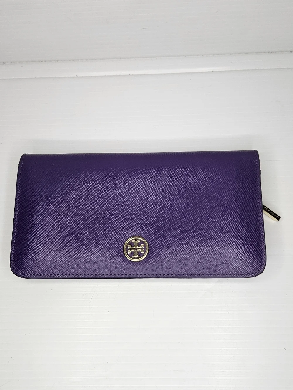 Tory Burch Robinson Zip Around Continental Wallet Large Purple Saffiano Leather